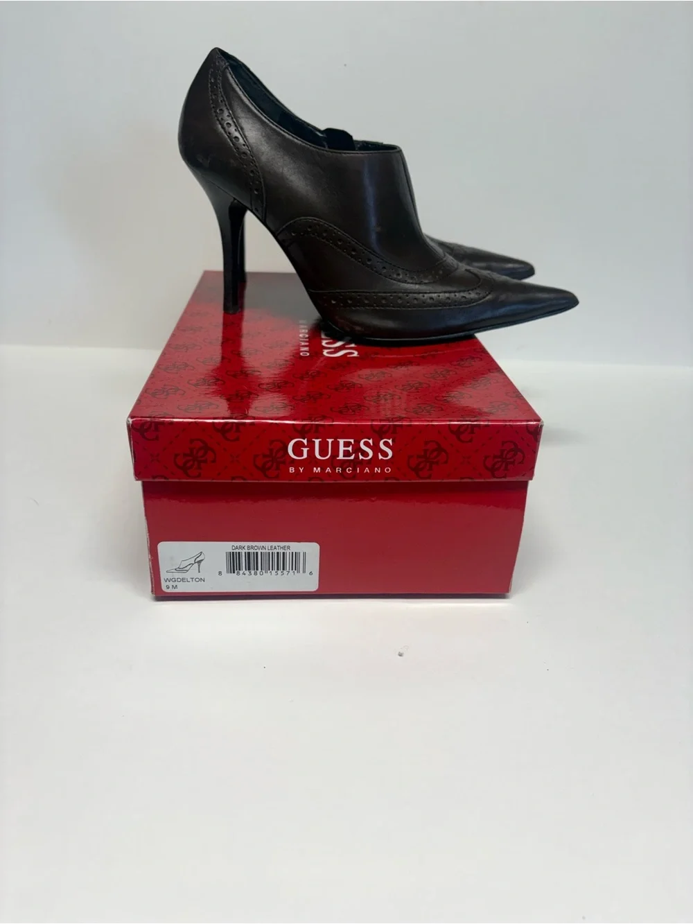 GUESS Dark Brown Leather Pointed Toe High Heel Booties